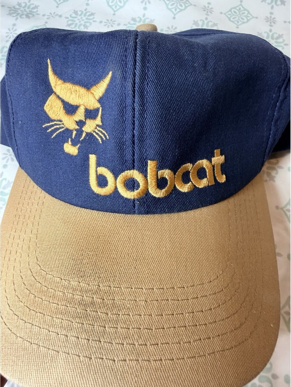 Vintage Bobcat K-Products Snapback Hat Made USA Blue Tan Trucker Cap